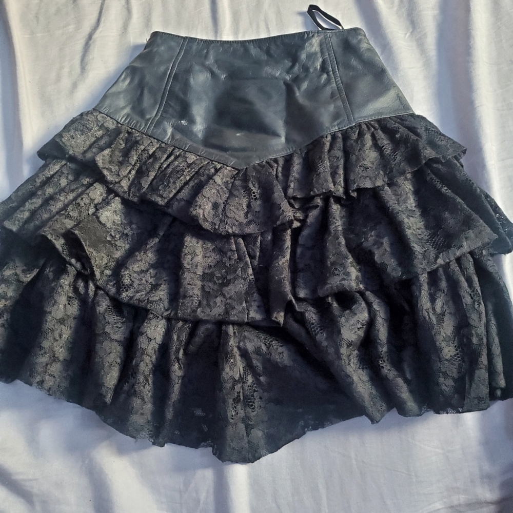 80s vintage CHIA, black leather, 3 tiered folded lace skirt. Size 4